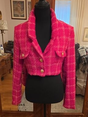 SHEIN Hot Pink Cropped Tweed Blazer with Gold Buttons
